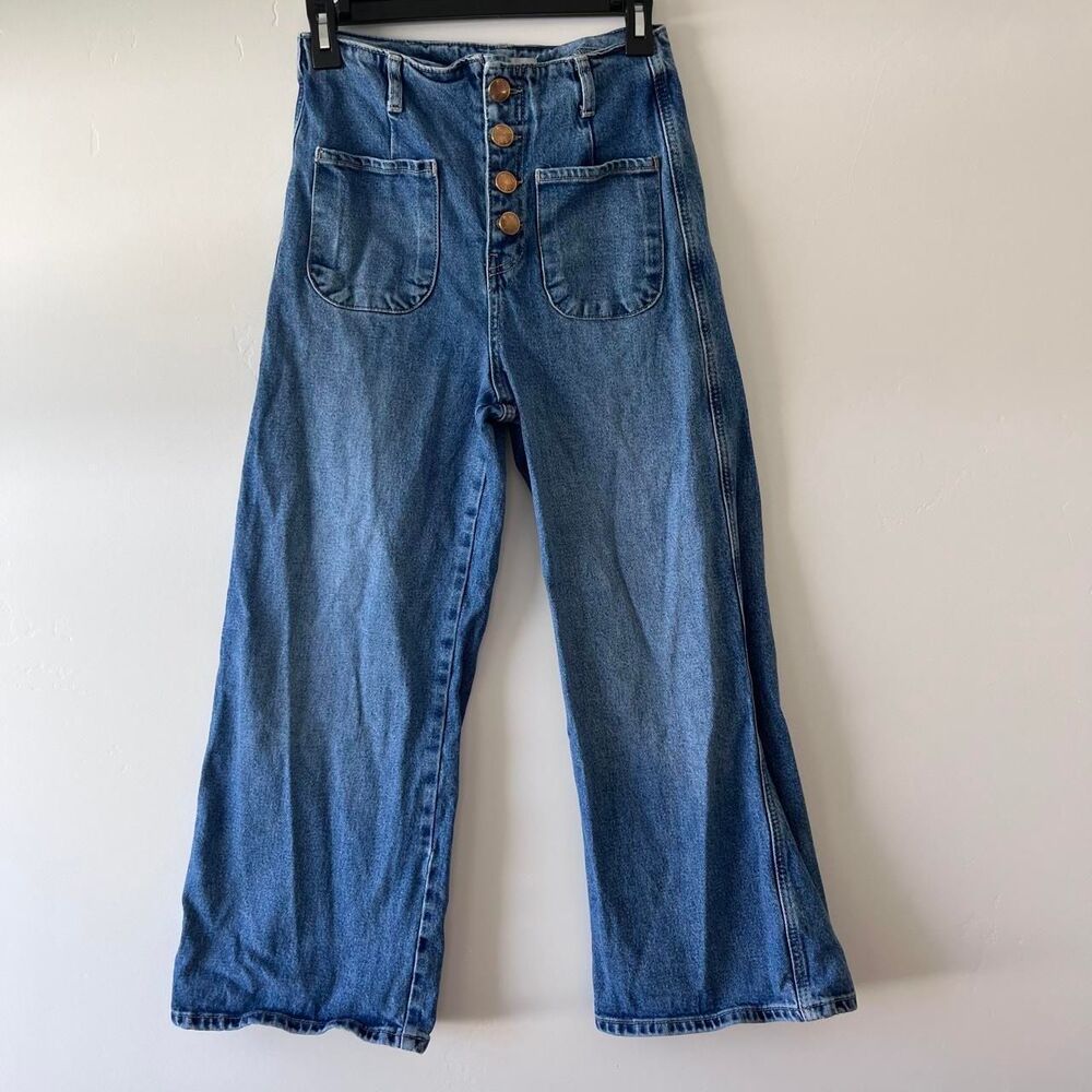 ZARA Sailor Wide Leg Jeans Size 2 High Rise Patch Pocket Button Fly